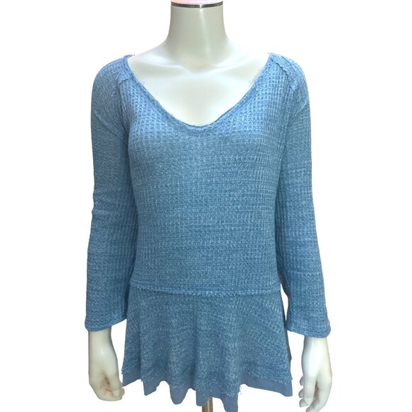 Chrysanthemum Waffle Knit Blue Off Shoulder Long Sleeve Tunic Sweater L - Picture 1 of 7
